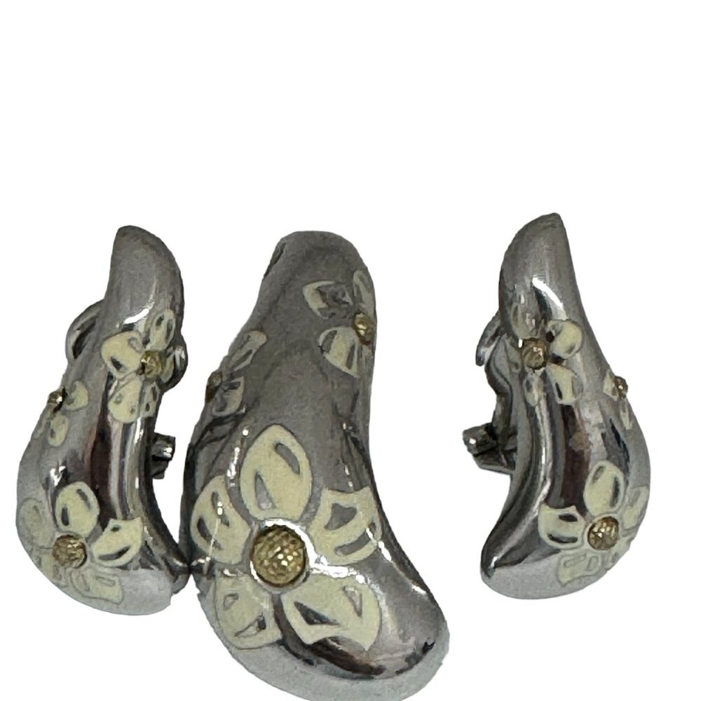 Vintage 925 ESC Sterling Silver Earrings Pendant Set Tear Drop Enamel Flower